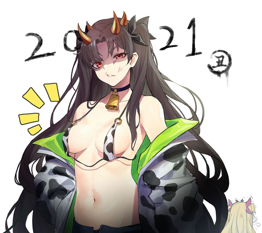 2021 2girls anger_vein animal_ears animal_print bangs bare_shoulders bell bell_choker black_choker blonde_hair breasts choker collar collarbone commentary_request cow_ears cow_print cowbell ereshkigal_(fate/grand_order) fate/grand_order fate_(series) green_jacket hair_ornament hair_ribbon horns ishtar_(fate)_(all) ishtar_(fate/grand_order) jacket long_hair looking_at_viewer luobo_(nsnr8754) medium_breasts multiple_girls navel o-ring o-ring_bikini o-ring_top off_shoulder open_clothes open_jacket open_shorts parted_bangs print_jacket red_eyes ribbon shorts stomach two_side_up upper_body