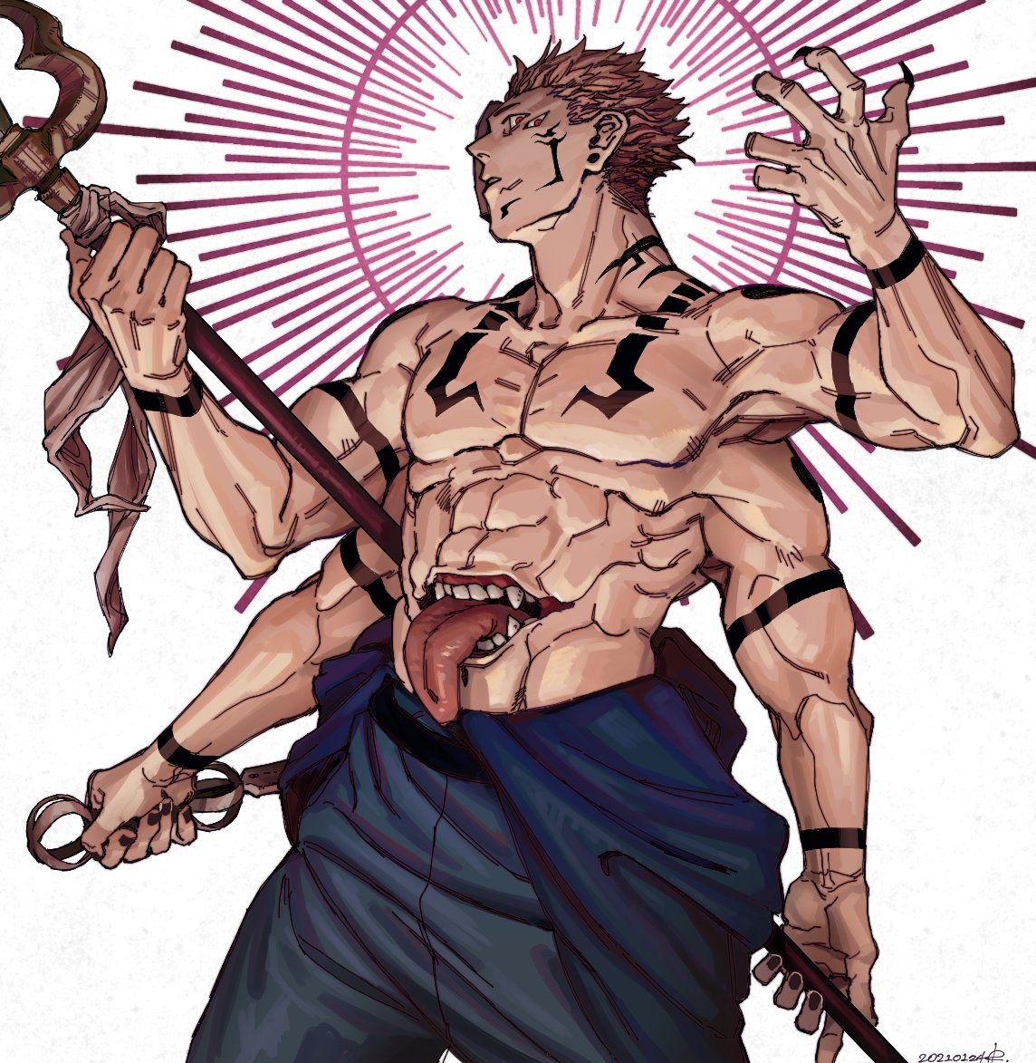 1boy abs arm_tattoo black_hair chest_tattoo cowboy_shot extra_eyes extra_mouth facial_mark head_tilt itadori_yuuji japanese_clothes jujutsu_kaisen kimono male_focus monster_boy muscular muscular_male natsu_(rodysanp) no_nipples open_clothes open_kimono outstretched_arms pectorals pink_hair red_eyes ryoumen_sukuna_(jujutsu_kaisen) shirtless short_hair shoulder_tattoo solo spiky_hair spread_arms tattoo