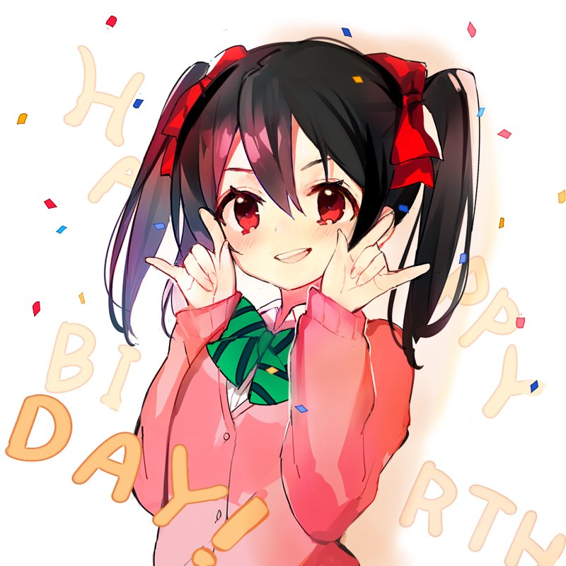 1girl :d \m/ atsumi_jun black_hair blush bow bowtie cardigan english_text green_neckwear hair_bow happy_birthday jacket long_sleeves looking_at_viewer love_live! love_live!_school_idol_project medium_hair nico_nico_nii open_mouth pink_cardigan pink_jacket red_bow red_eyes smile solo sweater_jacket twintails upper_teeth yazawa_nico