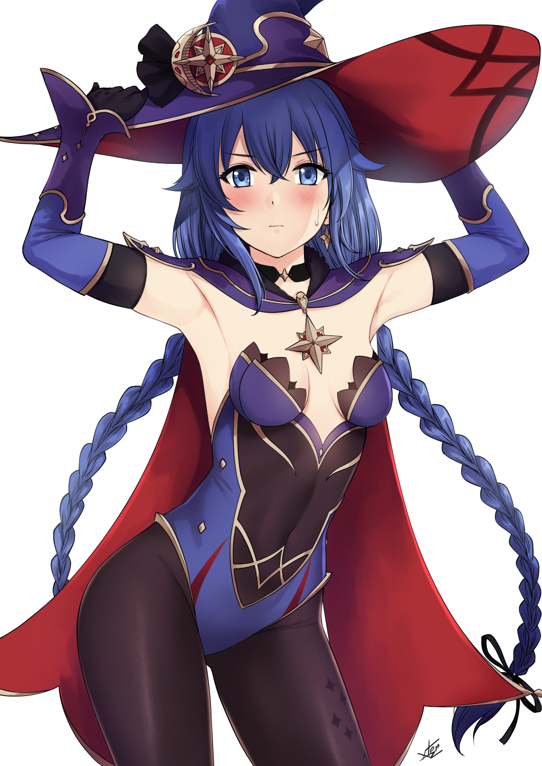 1girl armpits arms_up ass_visible_through_thighs black_choker black_gloves black_legwear blue_eyes blue_hair blue_headwear blue_leotard braid breasts cape choker contrapposto cosplay covered_navel cowboy_shot detached_sleeves earrings elbow_gloves genshin_impact gloves gold_trim groin hands_on_headwear hat highleg highleg_leotard highres jewelry leotard long_hair long_sleeves looking_at_viewer mona_(genshin_impact) mona_(genshin_impact)_(cosplay) mushoku_tensei pantyhose roxy_migurdia simple_background small_breasts solo standing strapless strapless_leotard sweatdrop thighs twin_braids twintails very_long_hair white_background witch_hat xter