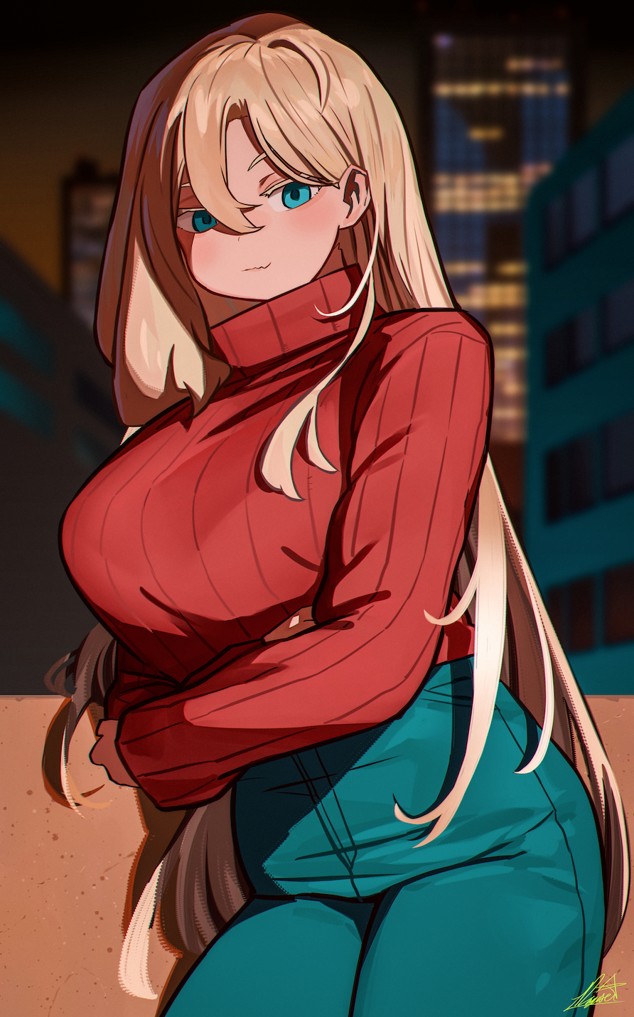 1girl arm_under_breasts blonde_hair blue_eyes blush breasts building city_lights cityscape closed_mouth cowboy_shot crossed_arms denim eyebrows_behind_hair hair_between_eyes highres jeans large_breasts leaning_on_object long_hair long_sleeves looking_at_viewer original pants red_sweater ribbed_sweater ryusei_hashida signature skyscraper smirk solo sweater sweater_tucked_in thighs turtleneck turtleneck_sweater very_long_hair wavy_mouth