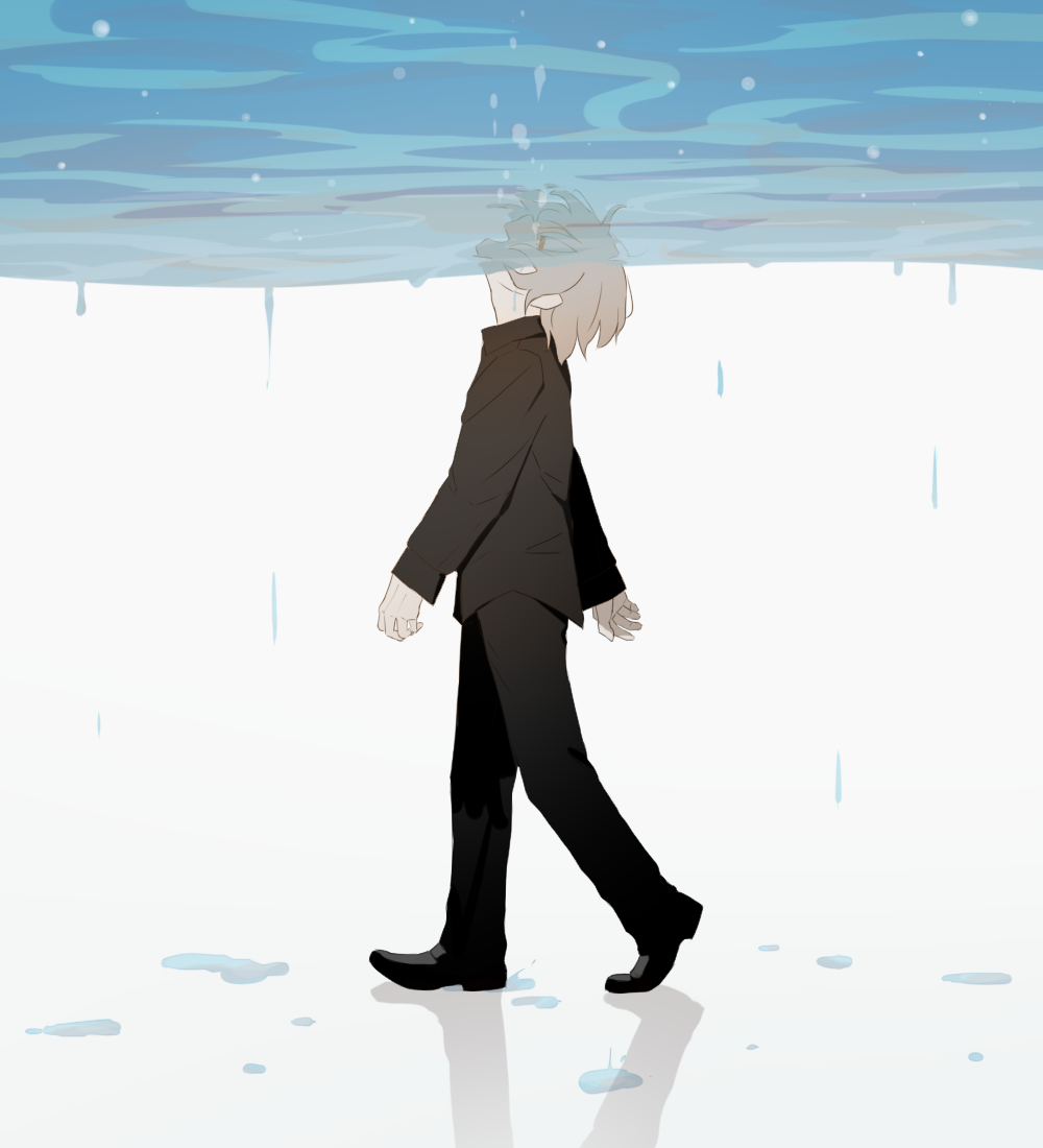 1boy air_bubble asphyxiation avogado6 black_footwear black_pants black_shirt bubble closed_eyes commentary_request drowning from_side grey_hair male_focus open_mouth original pale_skin pants profile shirt shoes solo symbolism tagme walking white_background