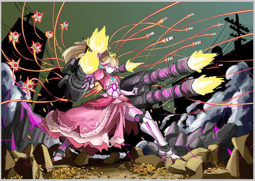 1girl automatic_giraffe blonde_hair border colored_skin commentary crown destruction dress english_commentary firing flat_chest floating_hair full_body gatling_gun glowing huge_weapon itano_circus joints long_hair super_mario_bros. mechanization metal_skin missile missiles muzzle_flash neon_trim pink_dress pink_eyes princess_peach robot_joints roboteching shell_casing shoulder_cannon smoke solo super_mario_bros. torn_clothes torn_dress triple_wielding weapon white_border white_skin