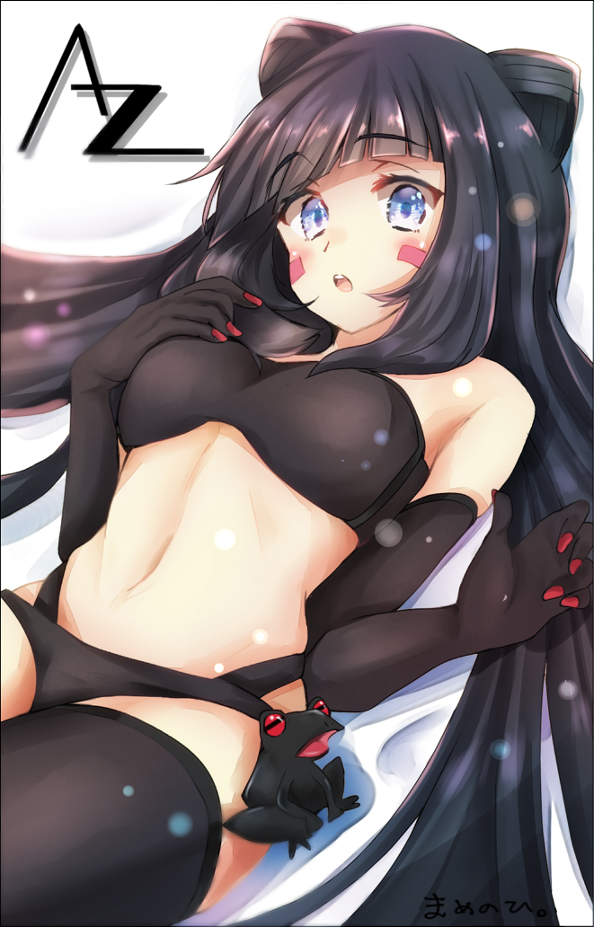 1girl alternate_costume azki_(hololive) bed_sheet bikini black_bikini black_hair blue_eyes breasts double_bun fingernails frog hand_on_own_chest highleg highleg_panties hololive long_hair looking_at_viewer lying medium_breasts midriff nail_polish navel on_back open_mouth panties red_nails solo swimsuit thigh-highs underwear very_long_hair virtual_youtuber watarino_oeo white_background