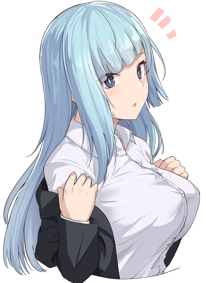 1girl bangs black_jacket blue_eyes blue_hair blush breasts collared_shirt dress_shirt jacket jujutsu_kaisen large_breasts long_hair long_sleeves looking_at_viewer miwa_kasumi off_shoulder open_clothes open_jacket open_mouth shirt shiseki_hirame simple_background white_background white_shirt