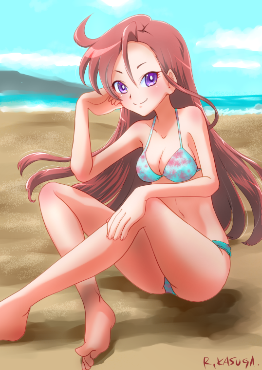 1girl artist_name bare_arms bare_legs bare_shoulders barefoot beach bikini blue_bikini blush clouds cloudy_sky commentary_request day female hair_between_eyes halterneck hand_on_own_face hand_on_own_knee indian_style kasuga_rurito knees_up long_hair looking_at_viewer multicolored multicolored_bikini multicolored_clothes navel outdoors pink_bikini precure redhead sand shiny shiny_skin sideways_glance signature sitting sky smile solo swimsuit swimwear takizawa_asuka tropical-rouge!_precure violet_eyes
