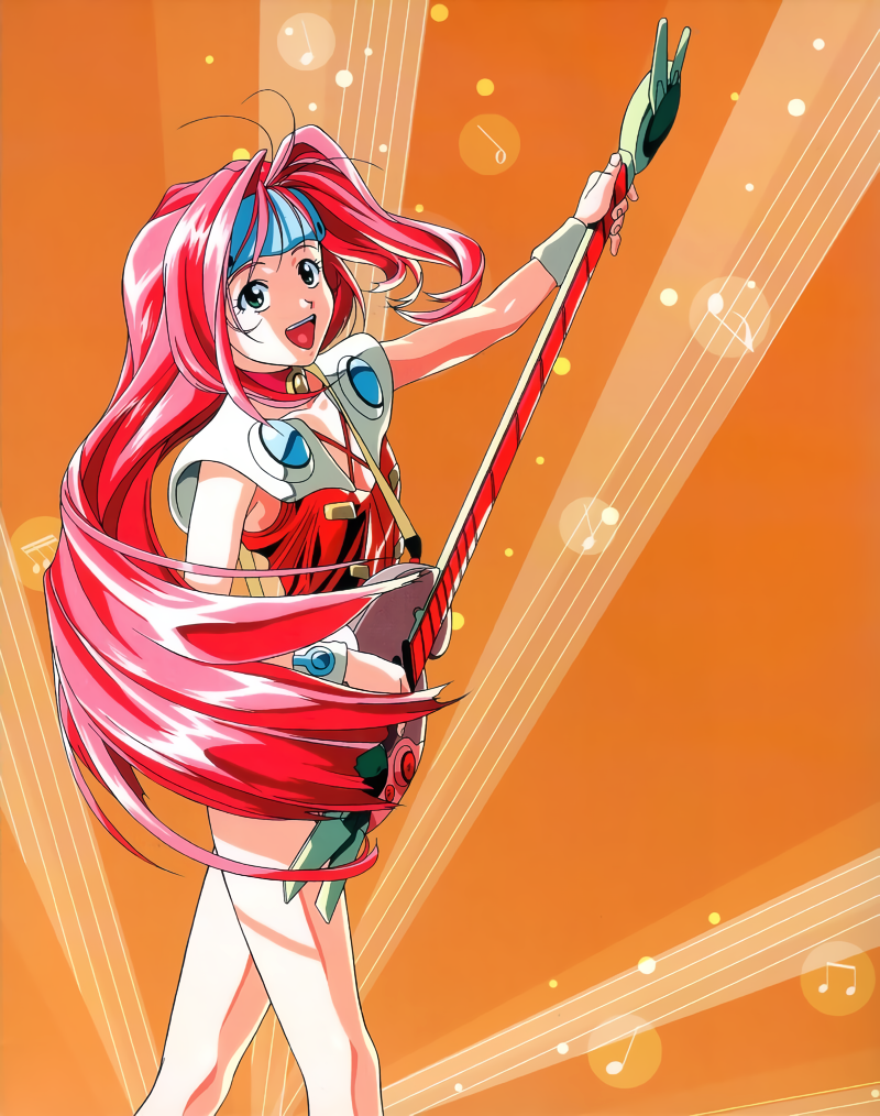 1990s_(style) 1girl feet_out_of_frame guitar holding holding_instrument instrument katsura_ken'ichirou long_hair long_legs macross macross_7 musical_note mylene_jenius official_art orange_background photoshop_(medium) pink_hair solo