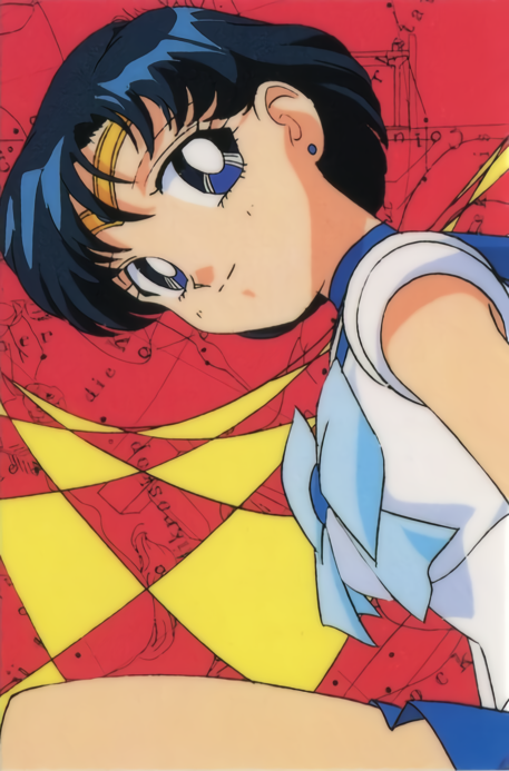 1990s_(style) bishoujo_senshi_sailor_moon blue_hair cosplay earrings head_tilt jewelry leotard looking_at_viewer mizuno_ami official_art sailor_mercury sailor_mercury_(cosplay) short_hair smile solo stud_earrings tiara