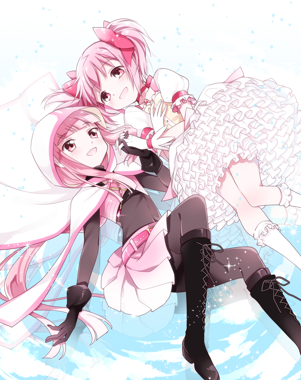 2girls :d arm_at_side ayumaru_(art_of_life) bangs belt black_footwear black_gloves blue_sky blunt_bangs bodystocking boots choker cloak clouds cloudy_sky collarbone cross-laced_footwear day dot_nose eye_contact eyebrows_visible_through_hair facing_viewer feet_out_of_frame flat_chest foot_out_of_frame frilled_legwear frilled_skirt frilled_sleeves frills glint gloves hair_ribbon hand_on_own_chest happy high_collar highres holding_hands hood hood_up hooded_cloak interlocked_fingers kaname_madoka knee_boots knees_together_feet_apart leg_up light_blush light_particles long_hair looking_at_another looking_to_the_side looking_up lying magia_record:_mahou_shoujo_madoka_magica_gaiden mahou_shoujo_madoka_magica midriff multiple_girls navel on_back on_side open_mouth pink_belt pink_choker pink_eyes pink_hair pink_neckwear pink_ribbon pink_skirt pink_theme pleated_skirt puffy_short_sleeves puffy_sleeves reflection reflective_floor ribbon shiny shiny_hair short_sleeves side-by-side sidelocks skirt sky smile socks soul_gem sparkle straight_hair tamaki_iroha tareme too_many too_many_frills twintails very_long_hair white_cloak white_gloves white_legwear white_skirt