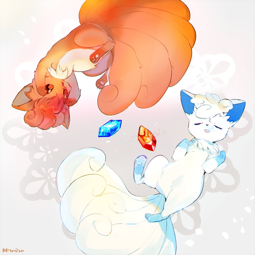 :o alolan_and_normal alolan_form alolan_vulpix atsumi_jun closed_eyes evolutionary_stone fire_stone gen_1_pokemon gen_7_pokemon ice_stone looking_at_another multiple_tails no_humans open_mouth pokemon pokemon_(creature) red_eyes rotational_symmetry tail vulpix