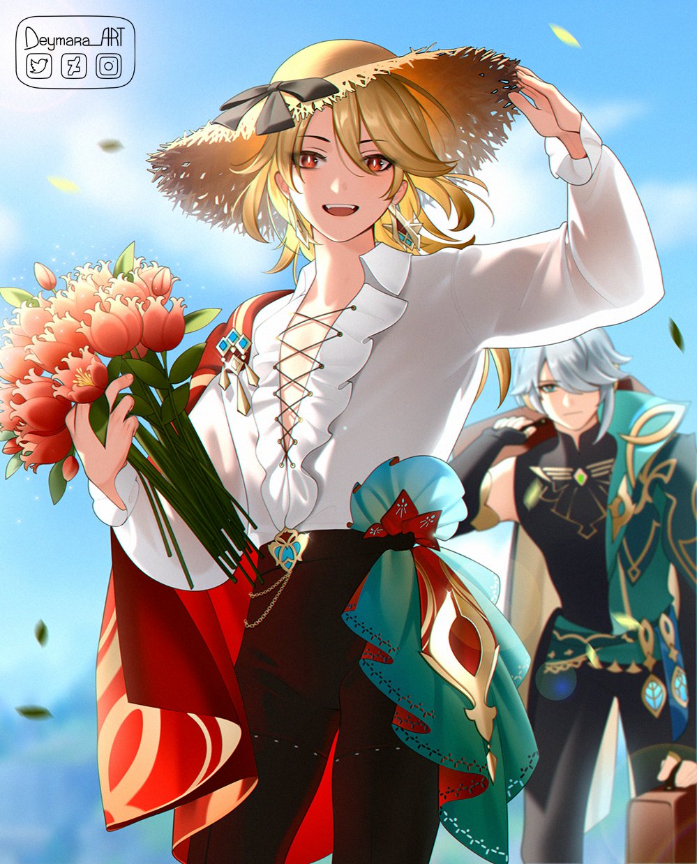 2boys :d alhaitham_(genshin_impact) artist_name asymmetrical_sidelocks blonde_hair blue_sky bouquet cape compression_shirt cowboy_shot day deymara earrings english_commentary flower gem genshin_impact gold_earrings gold_trim green_cape green_eyes green_gemstone hat highres holding holding_bouquet holding_suitcase jewelry kaveh_(genshin_impact) leaf long_hair looking_at_viewer male_focus multiple_boys one_eye_covered open_mouth outdoors red_cape red_eyes red_flower shirt short_hair single_earring sky smile standing straw_hat suitcase teeth upper_teeth_only watermark white_hair white_shirt