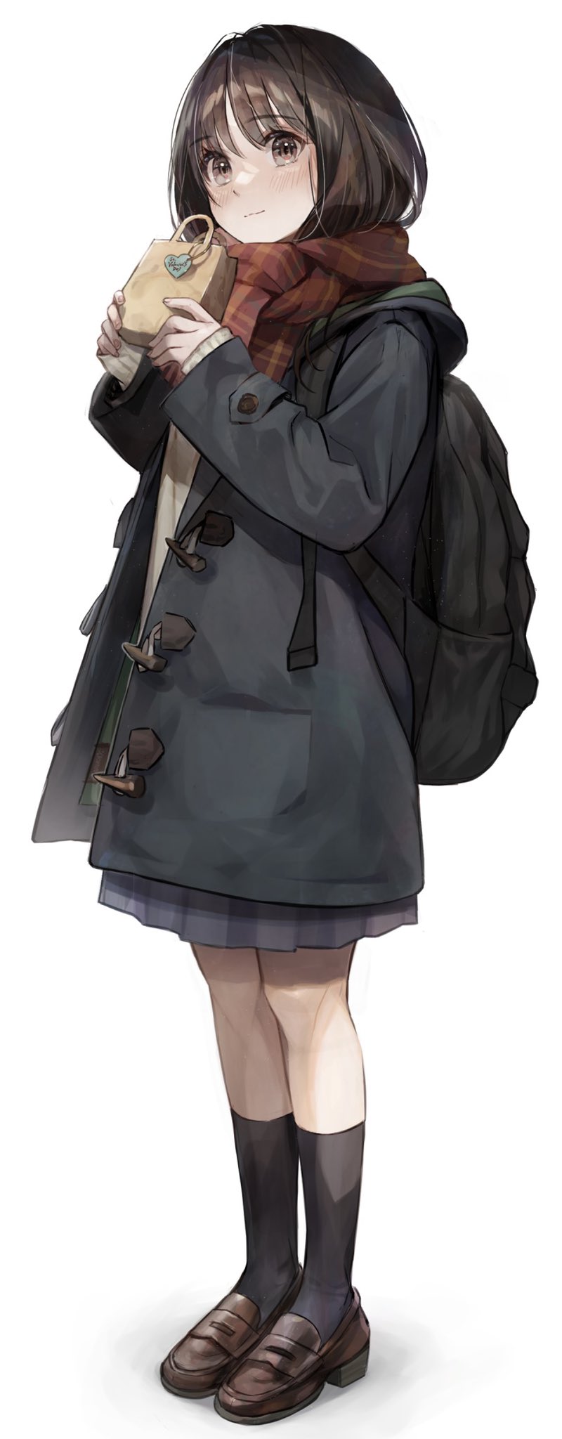 1girl backpack bag black_legwear blue_jacket blue_skirt blush brown_eyes brown_footwear brown_hair closed_mouth highres holding holding_bag jacket long_sleeves medium_hair original paper_bag pleated_skirt red_scarf scarf shoes simple_background skirt socks solo standing utaka_(anyoanyot) white_background