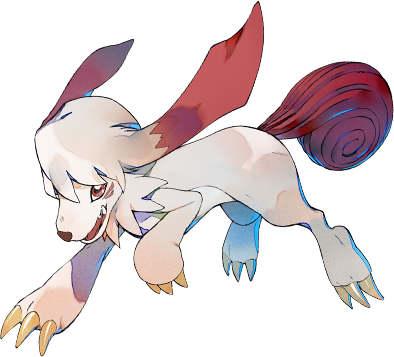 1girl airborne claws creature digimon digimon_survive dog facial_mark full_body fur labramon looking_at_viewer lowres no_humans official_art open_mouth red_eyes smile solo tail teeth tongue transparent_background ukumo_uichi