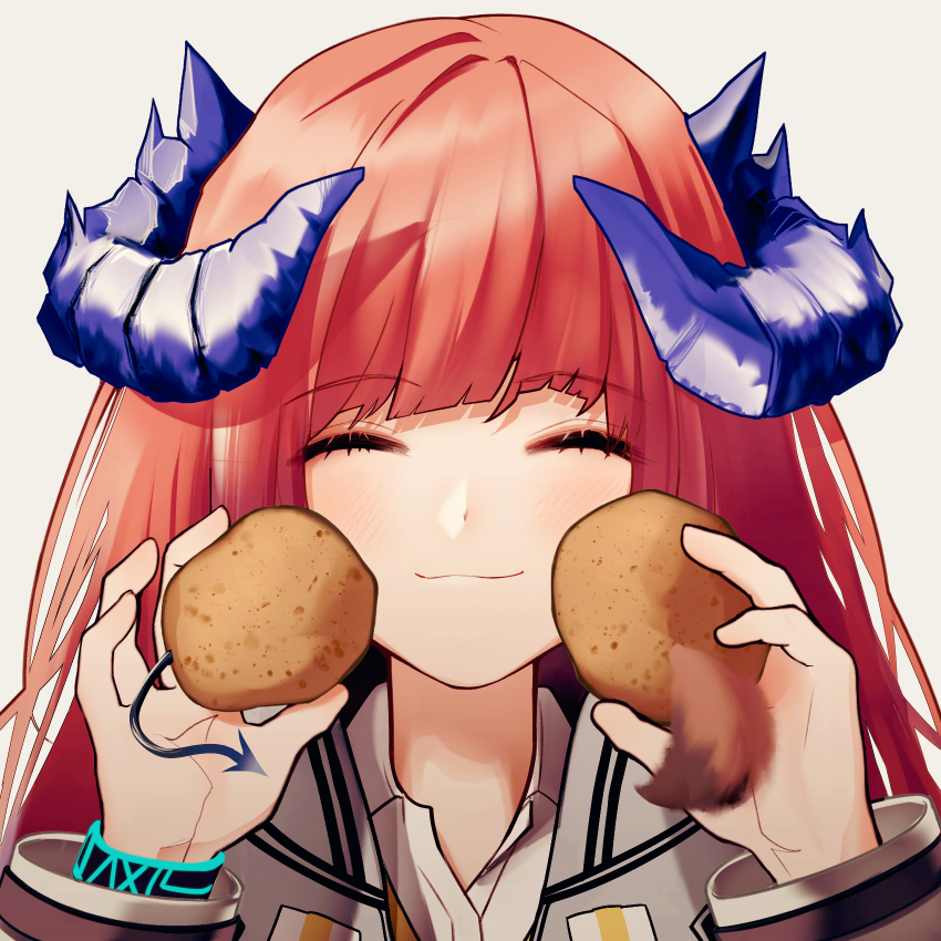 1girl ^_^ arknights bagpipe_(arknights) bangs blush closed_eyes commentary_request eyebrows_visible_through_hair facing_viewer food fox_tail franka_(arknights) grey_background holding holding_food horns korean_commentary liskarm_(arknights) long_hair orange_hair portrait potato runamonet simple_background solo tail