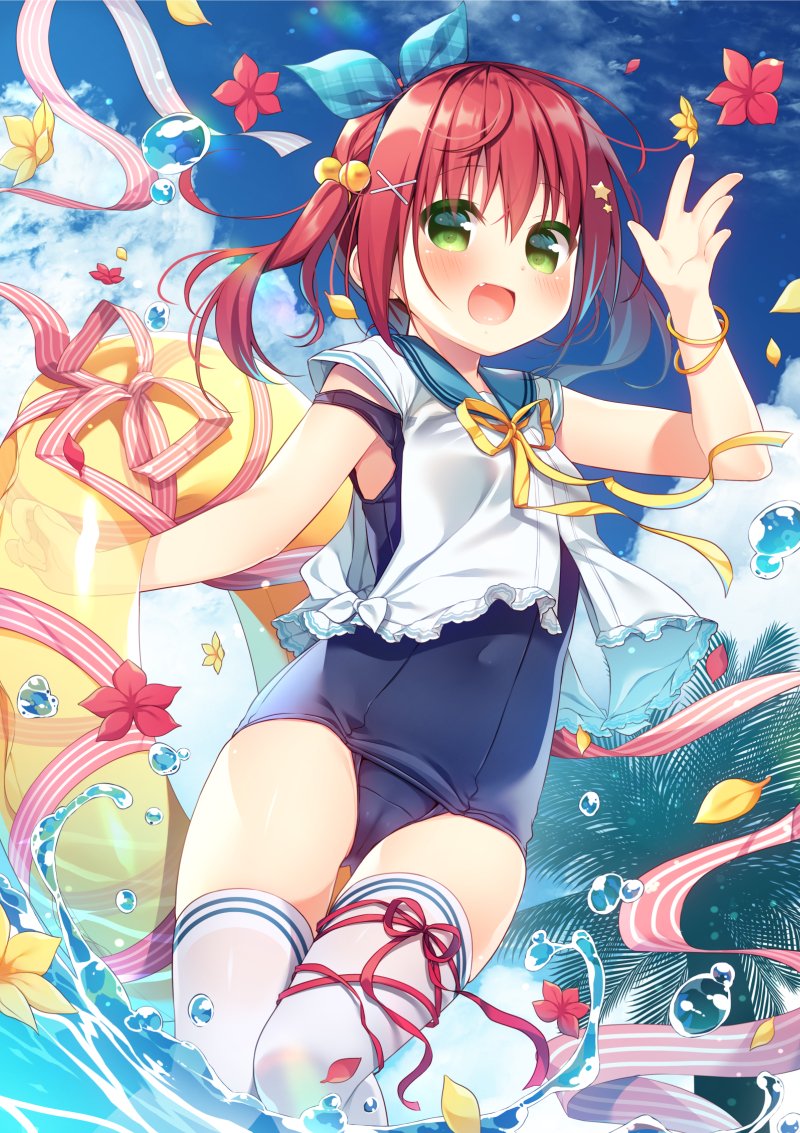 1girl :d arm_up bangle bangs bare_arms blue_ribbon blue_sailor_collar blue_swimsuit blush bracelet commentary_request day eyebrows_visible_through_hair fang flower green_eyes hair_between_eyes hair_bobbles hair_ornament hair_ribbon hanamiya_natsuka innertube jewelry looking_at_viewer neck_ribbon old_school_swimsuit one-piece_swimsuit open_mouth original outdoors palm_tree petals plaid plaid_ribbon red_flower red_ribbon redhead ribbon sailor_collar school_swimsuit shirt sleeveless sleeveless_shirt smile solo star_(symbol) star_hair_ornament strap_slip swimsuit swimsuit_under_clothes thigh-highs transparent tree twintails water_drop white_legwear white_shirt x_hair_ornament yellow_flower yellow_ribbon