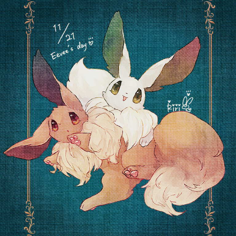 alternate_color animal_focus artist_name blue_background brown_eyes commentary dated eevee english_text full_body gen_1_pokemon happy heart no_humans open_mouth pawpads pokemon pokemon_(creature) riri_(riri_nasinasi) shiny_pokemon signature simple_background smile yellow_eyes