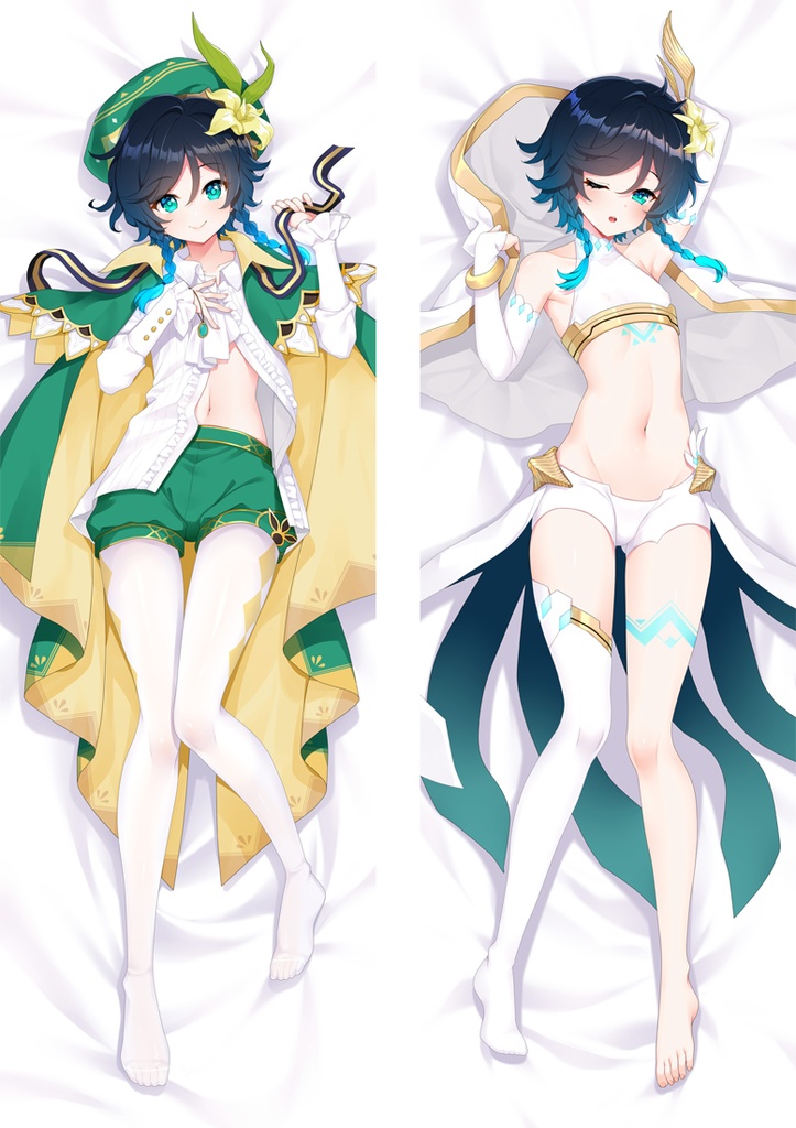 1boy bangs bare_shoulders barefoot bed_sheet black_hair blue_hair blush braid cape capelet cloak dakimakura_(medium) eyebrows_visible_through_hair flower frilled_sleeves frills gem genshin_impact gradient_hair green_eyes green_headwear hair_flower hair_ornament hat jewelry leaf long_sleeves looking_at_viewer lying male_focus midriff moeanime multicolored_hair navel on_back one_eye_closed open_mouth otoko_no_ko ribbon shorts simple_background single_thighhigh smile solo tattoo thigh-highs thigh_tattoo twin_braids undressing venti_(genshin_impact) white_flower white_legwear