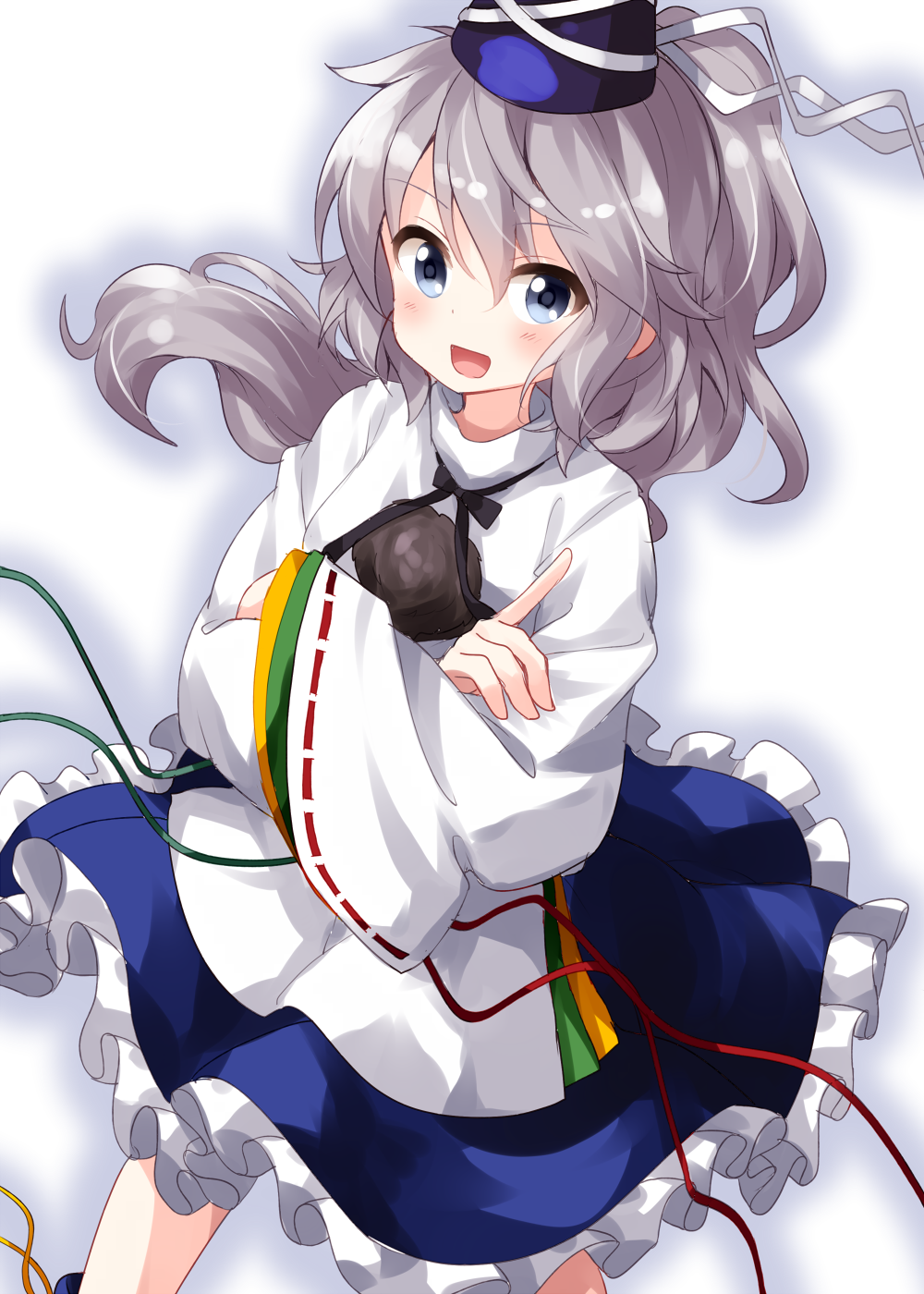 1girl bangs blue_headwear blue_skirt cowboy_shot crossed_arms eyebrows_visible_through_hair frilled_skirt frills green_ribbon grey_eyes grey_hair hair_between_eyes hat hat_ribbon highres index_finger_raised japanese_clothes kariginu long_hair long_sleeves looking_at_viewer mononobe_no_futo open_mouth pom_pom_(clothes) ponytail red_ribbon ribbon ribbon-trimmed_sleeves ribbon_trim ruu_(tksymkw) simple_background skirt smile solo standing tate_eboshi touhou white_background white_ribbon wide_sleeves yellow_ribbon