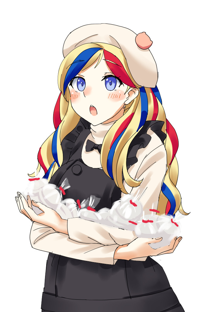 1girl alternate_costume apron bag beret black_apron blonde_hair blue_eyes blue_hair chestnut_mouth commandant_teste_(kantai_collection) commentary_request frilled_apron frills hat kantai_collection long_hair looking_at_viewer mayura2002 mochi multicolored_hair open_mouth plastic_bag pom_pom_(clothes) redhead simple_background solo streaked_hair upper_body upper_teeth wavy_hair white_background white_headwear