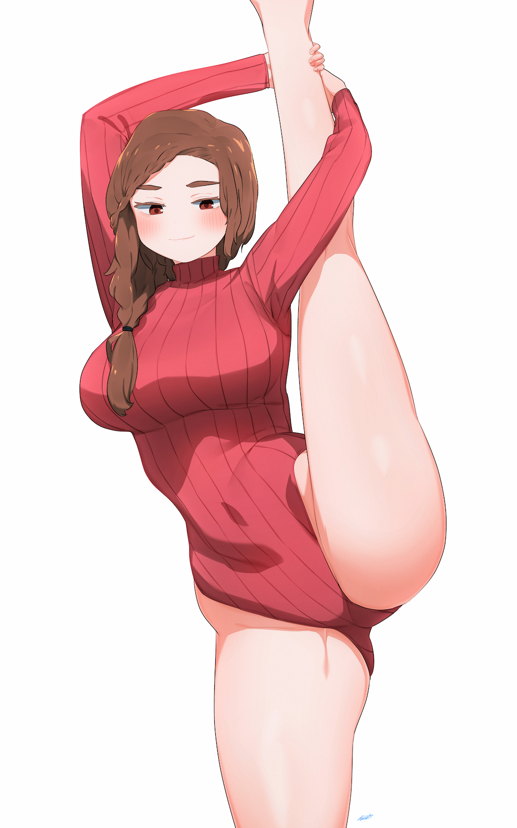 1girl arms_up asymmetrical_hair blush braid breasts brown_eyes brown_hair closed_mouth commentary commission english_commentary feet_out_of_frame hair_tie highres large_breasts long_hair long_sleeves looking_at_viewer original red_sweater ryusei_hashida signature simple_background smile split spread_legs standing standing_on_one_leg standing_split sweater thighs turtleneck turtleneck_leotard turtleneck_sweater white_background