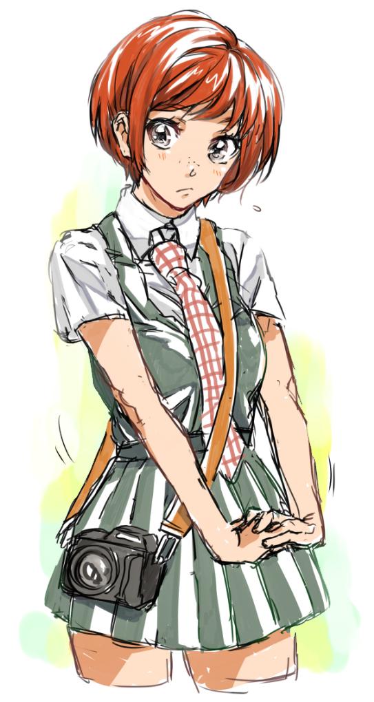 1girl bangs collared_shirt commentary_request cowboy_shot cropped_legs dangan_ronpa_(series) dangan_ronpa_2:_goodbye_despair freckles green_vest grey_eyes hands_together interlocked_fingers koizumi_mahiru looking_at_viewer necktie own_hands_together plaid_neckwear pleated_skirt redhead senkawa_(ar7_6) shirt short_hair short_sleeves simple_background skirt solo v_arms vest white_background