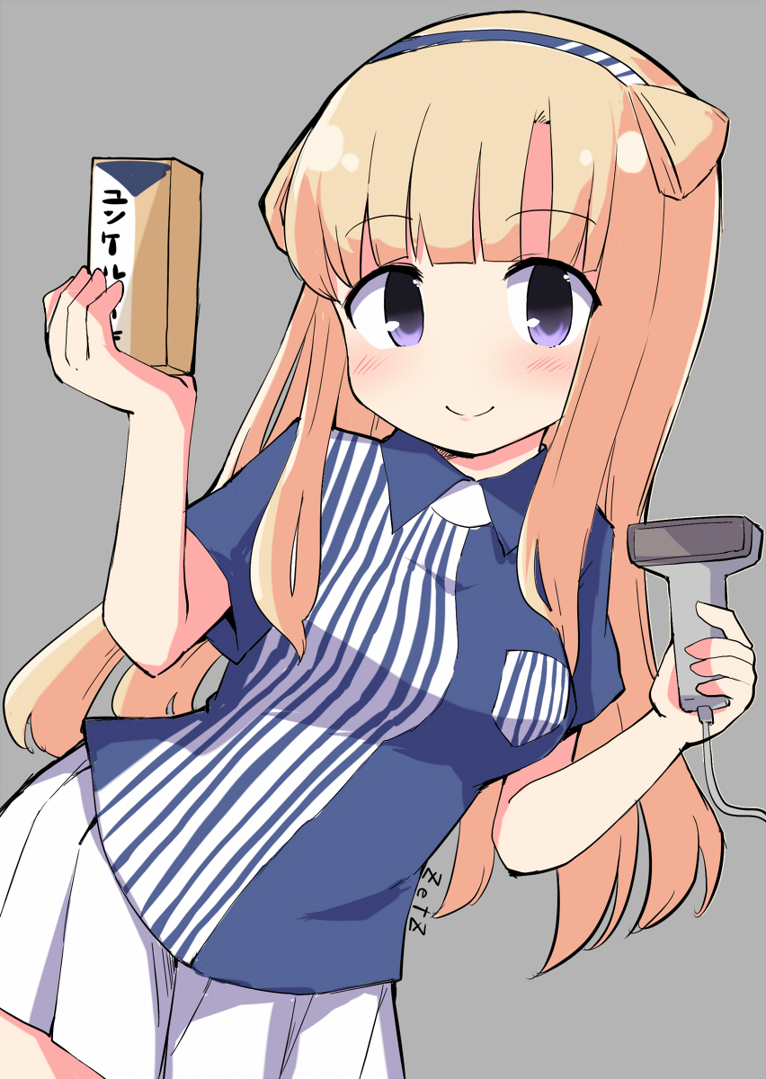 1girl artist_name barcode_scanner blonde_hair box breasts cashier cowboy_shot double_bun employee_uniform fletcher_(kantai_collection) grey_background hairband highres kantai_collection large_breasts lawson long_hair shirt skirt smile store_clerk striped striped_shirt uniform vertical_stripes violet_eyes white_skirt zetz