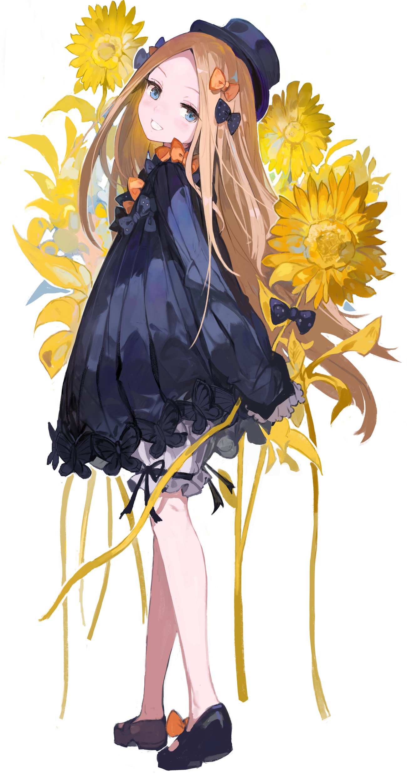 1girl abigail_williams_(fate/grand_order) absurdres alchemaniac black_bow black_dress black_footwear black_headwear blonde_hair blue_eyes blush bow dress fate/grand_order fate_(series) flower from_side full_body hat head_tilt highres long_hair long_sleeves looking_at_viewer looking_to_the_side orange_bow petticoat polka_dot polka_dot_bow shoe_bow shoes smile solo standing sunflower top_hat very_long_hair white_background yellow_flower