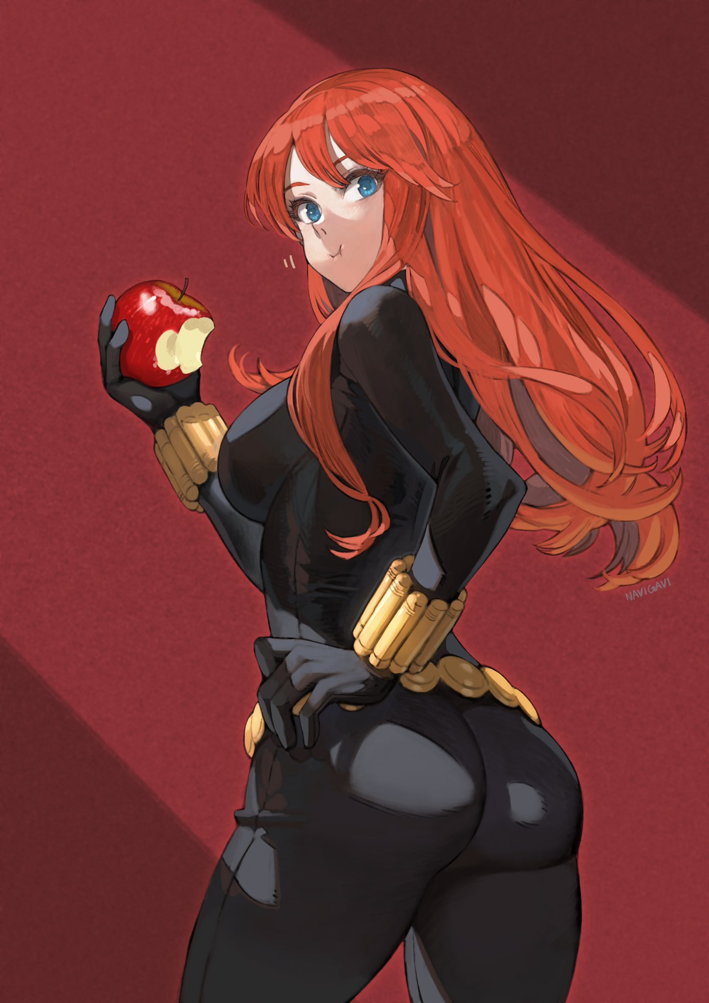 1girl apple artist_name avengers belt bite_mark black_bodysuit black_widow blue_eyes bodysuit breasts catsuit eating english_commentary food from_behind fruit hand_on_hip highres holding holding_food holding_fruit jun_(seojh1029) long_hair looking_at_viewer looking_back marvel natasha_romanoff redhead signature solo