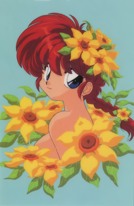 1980s_(style) 1girl aqua_background bangs blue_eyes braid braided_ponytail eyebrows_visible_through_hair flower genderswap genderswap_(mtf) hair_flower hair_ornament looking_at_viewer official_art portrait ranma-chan ranma_1/2 redhead retro_artstyle simple_background single_braid smile solo