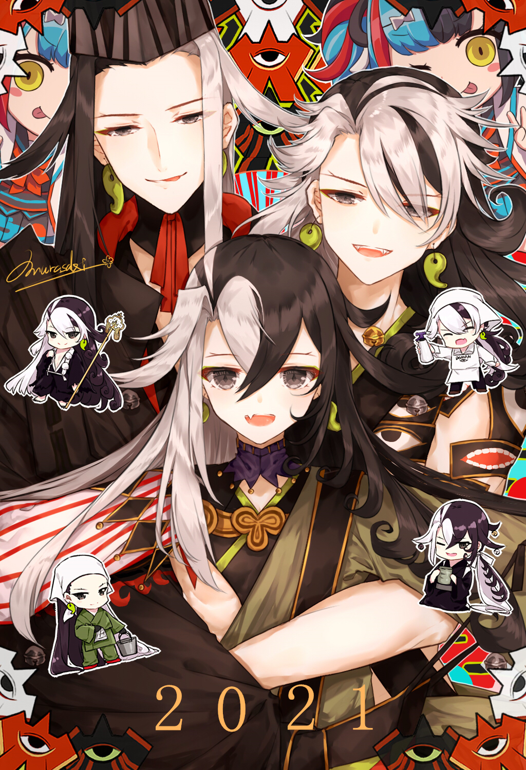 3boys age_progression alternate_hairstyle ashiya_douman_(fate) asymmetrical_clothes asymmetrical_hair bell black_eyes black_hair black_headwear chibi child clone curly_hair earrings fate/grand_order fate_(series) fingernails green_eyeshadow green_kimono green_lipstick green_nails hair_bell hair_between_eyes hair_intakes hair_ornament hat heian highres japanese_clothes jewelry kimono lipstick long_hair looking_at_viewer magatama magatama_earrings makeup male_focus multicolored_hair multiple_boys official_alternate_costume onmyouji open_clothes open_kimono purionpurion ribbed_sleeves sharp_fingernails smile tate_eboshi traditional_clothes two-tone_hair upper_body very_long_fingernails very_long_hair white_hair younger