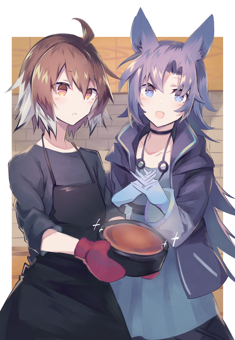 2girls ahoge alternate_costume animal_ears apron arknights bangs blue_eyes blue_hair blush brown_eyes brown_hair cake commentary_request eyebrows_visible_through_hair fang_(arknights) food gloves grey_hair hair_between_eyes hands_together holding holding_food horse_ears jacket long_hair long_sleeves multicolored_hair multiple_girls no_hat no_headwear open_mouth plume_(arknights) red_gloves sasa_onigiri short_hair smile two-tone_hair