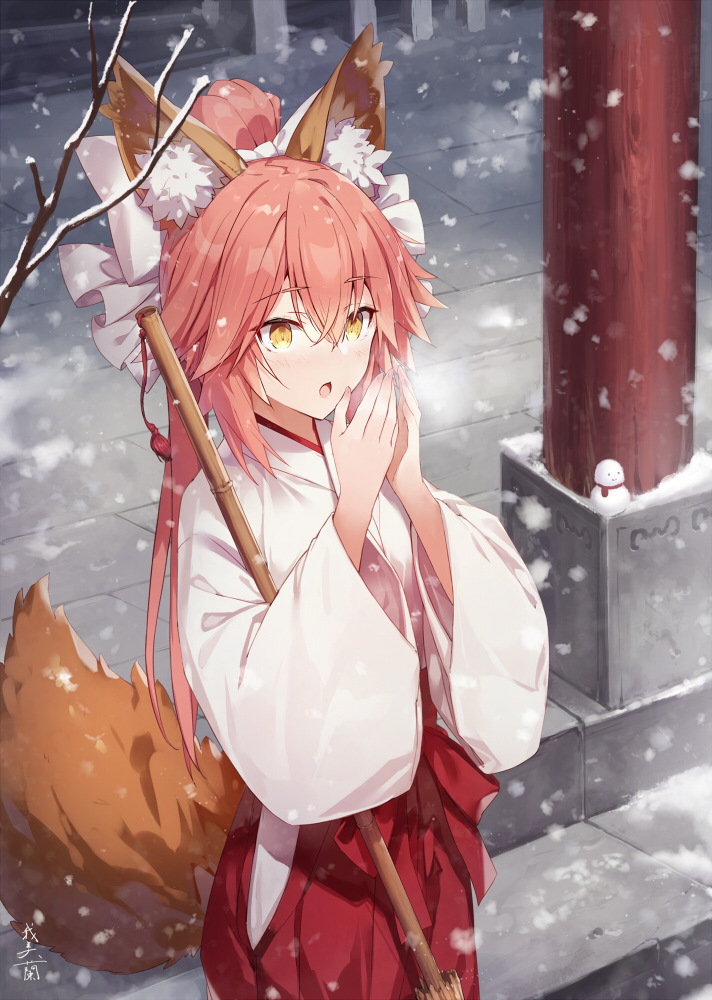 1girl animal_ear_fluff animal_ears bangs blush breasts broom fate/extra fate_(series) fox_ears fox_girl fox_tail gabiran hair_between_eyes hakama japanese_clothes kimono large_breasts long_hair long_sleeves looking_at_viewer miko open_mouth pink_hair red_hakama sidelocks snowing tail tamamo_(fate)_(all) tamamo_no_mae_(fate) twintails white_kimono wide_sleeves yellow_eyes