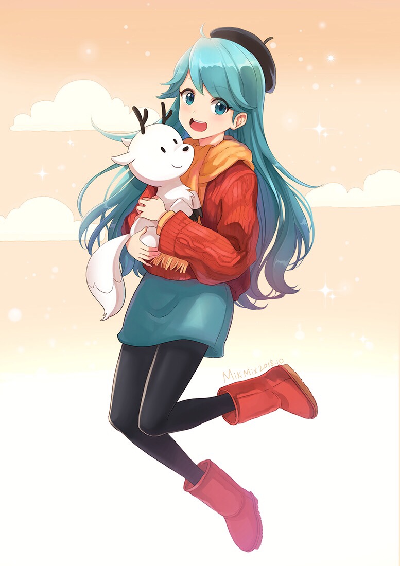 1girl animal beret black_legwear blue_eyes blue_hair boots clouds full_body hat hilda_(hilda) hilda_(series) holding holding_animal long_hair looking_at_viewer mikmix open_mouth pantyhose pullover red_footwear scarf skirt sky smile star_(sky) twigg_(hilda)