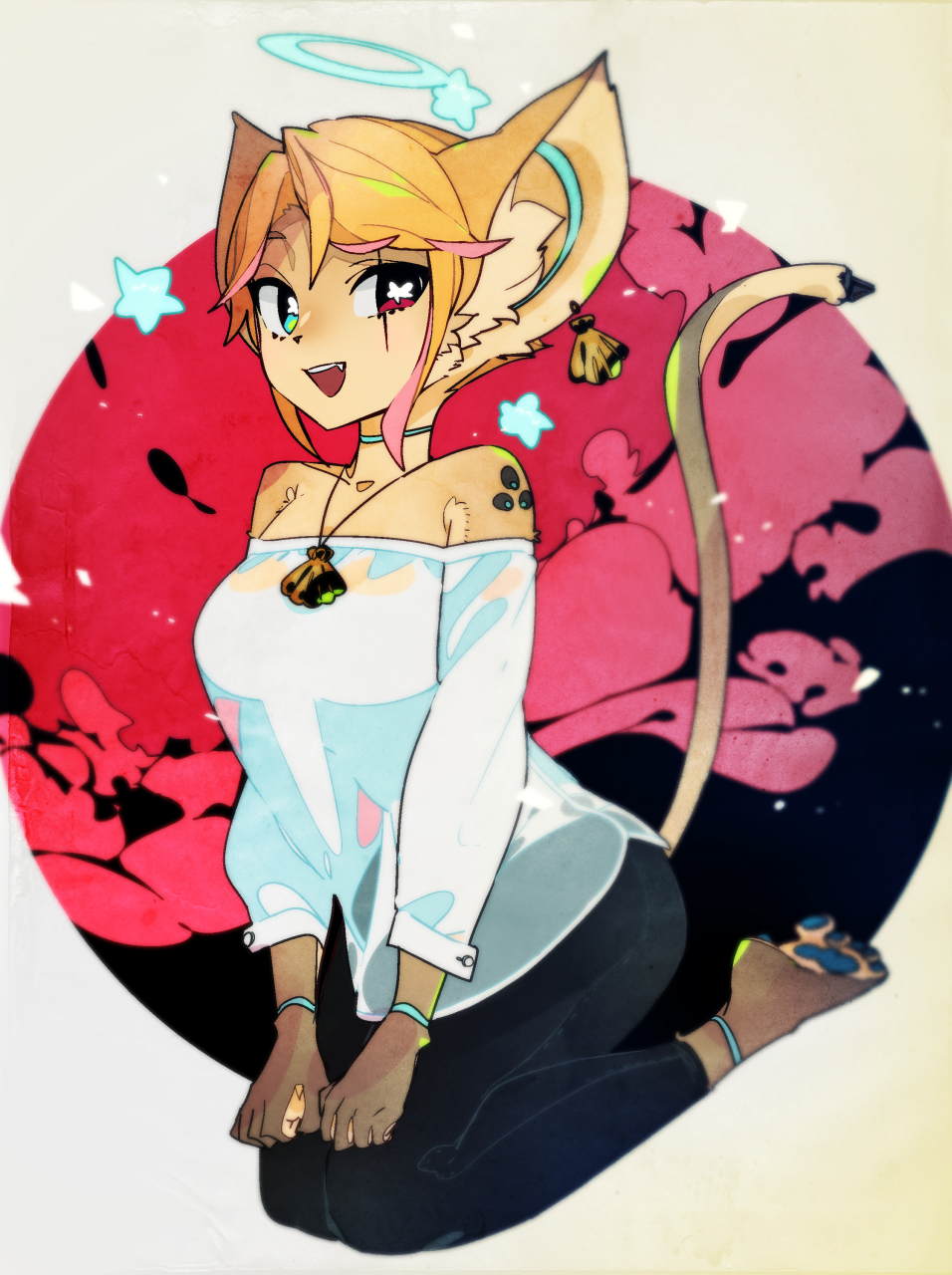 1girl :d animal_ears ankleband bare_shoulders barefoot black_pants blonde_hair blue_choker choker colored_skin earrings full_body furry green_eyes halo heterochromia highres jewelry kuroi-chan_(kuroi_moyamoya) kuroi_moyamoya legs_together looking_at_viewer necklace off-shoulder_shirt off_shoulder open_mouth original pants red_eyes seiza shell shell_earrings shell_necklace shirt sitting smile solo star-shaped_pupils star_(symbol) symbol-shaped_pupils tail tail_raised white_shirt wristband yellow_fur yellow_skin