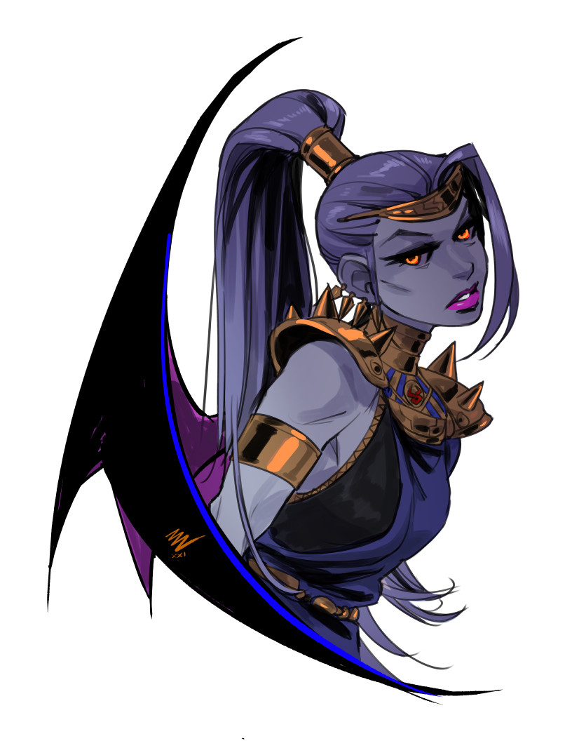 1girl armlet breasts colored_sclera colored_skin commentary demon_wings earrings english_commentary gorget greek_clothes grey_sclera grey_skin hades_(game) high_ponytail jewelry lips lipstick long_hair looking_at_viewer makeup megaera_(hades) orange_eyes pink_lipstick portrait purple_hair single_wing sleeveless small_breasts solo spiked_pauldrons tiara vashperado white_background wings