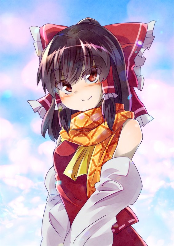 1girl ascot bare_shoulders blush bow brown_eyes brown_hair closed_mouth clouds commentary detached_sleeves eyebrows_visible_through_hair frilled_bow frills hair_bow hair_tubes hakurei_reimu looking_at_viewer orange_scarf red_bow ryuu_(multitask) scarf smile solo touhou upper_body yellow_neckwear