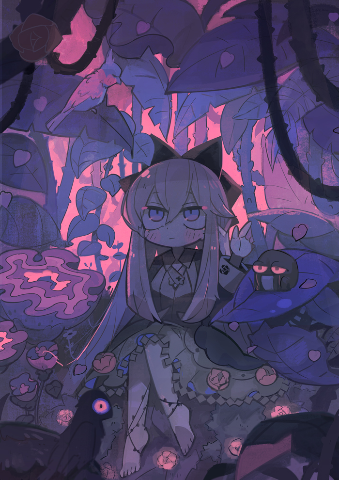 1girl barefoot black_bow blonde_hair blue_eyes bow closed_mouth collared_dress dress eyebrows_visible_through_hair forest hair_bow leaf long_hair long_sleeves nature original plant sitting sleeve_cuffs solo terada_tera vines