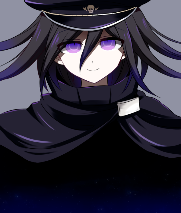 1boy 8takenokonosato8 bangs black_cape black_hair black_headwear cape closed_mouth dangan_ronpa_(series) dangan_ronpa_v3:_killing_harmony grey_background hair_between_eyes hat head looking_at_viewer male_focus ouma_kokichi peaked_cap purple_hair sky_print smile solo tagme violet_eyes