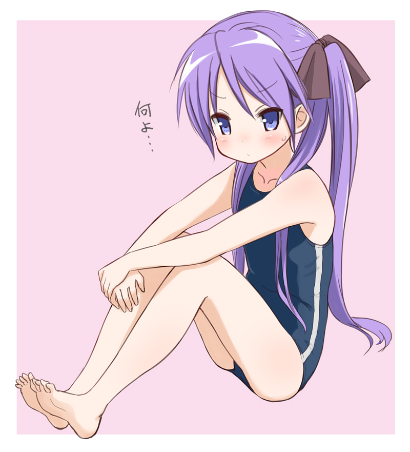 1girl barefoot blue_eyes blue_swimsuit border flat_chest full_body hiiragi_kagami looking_at_viewer lucky_star pink_background purple_hair retsumaru school_swimsuit sitting solo swimsuit tsurime twintails two-tone_background white_border