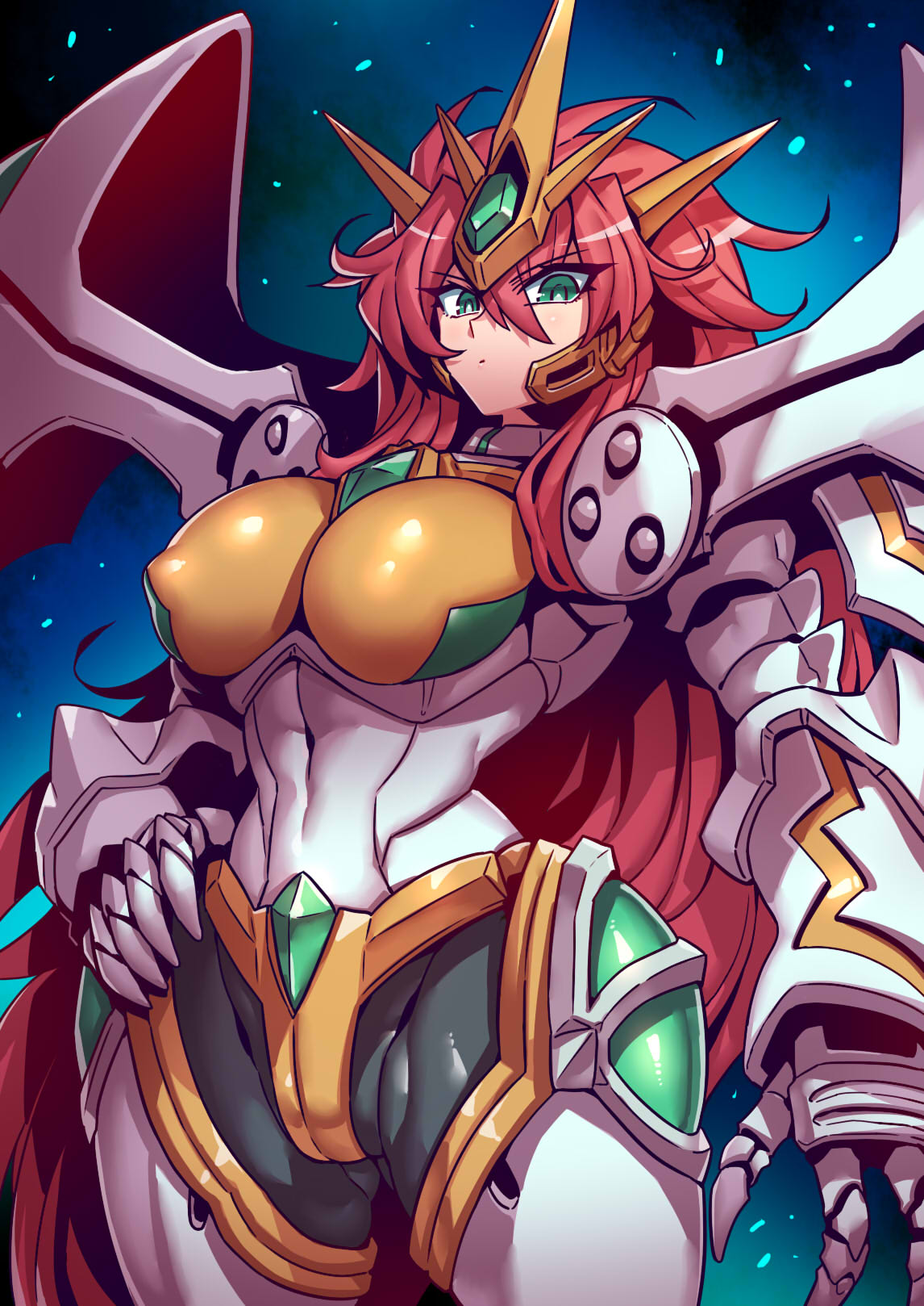 1girl breasts covered_nipples green_eyes hair_between_eyes hand_on_hip highres large_breasts long_hair looking_down mecha navel open_hand redhead science_fiction solo space super_robot_wars super_robot_wars_original_generation tukiwani v-shaped_eyebrows valsione very_long_hair