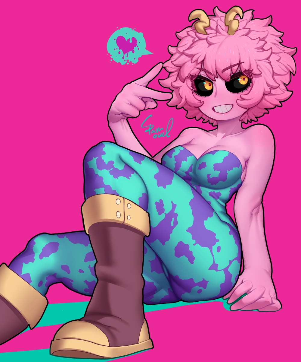 1girl :d ankle_boots ashido_mina bare_arms bare_shoulders black_sclera bodysuit boku_no_hero_academia boots breasts brown_footwear colored_sclera colored_skin heart highres horns large_breasts looking_at_viewer medium_hair open_mouth pink_background pink_hair pink_skin simple_background smile solo sparrowl spoken_heart strapless v yellow_eyes