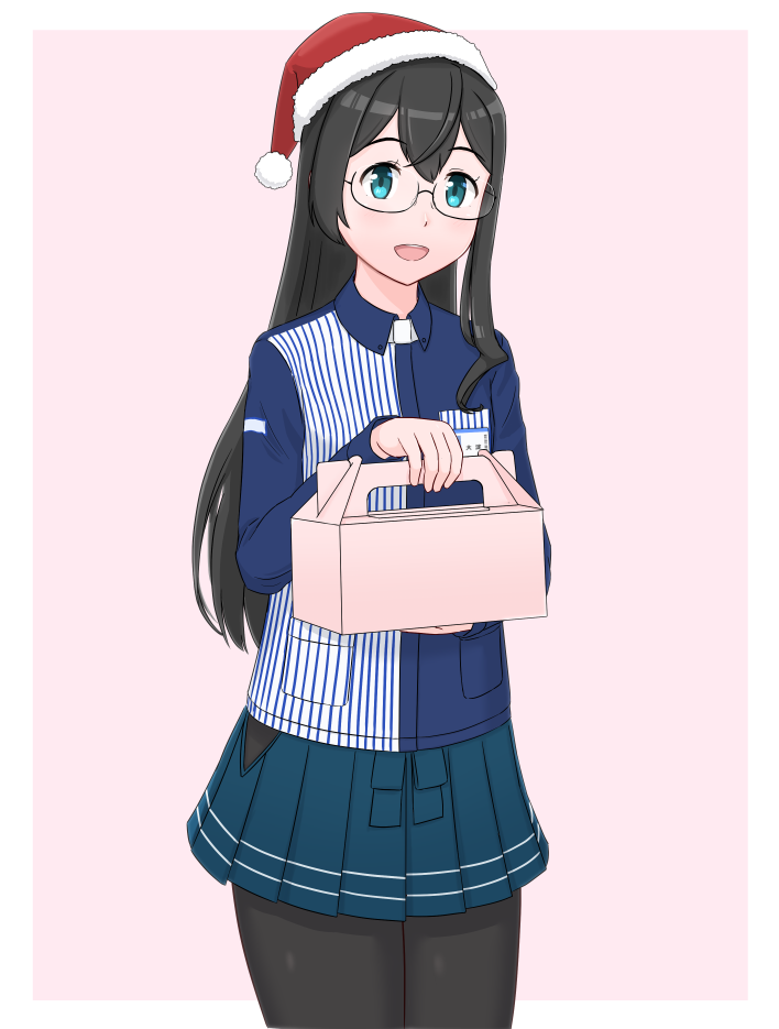 1girl aqua_eyes black_hair blush employee_uniform geometrie glasses hat hip_vent kantai_collection lawson long_hair ooyodo_(kantai_collection) open_mouth package pantyhose santa_hat shirt smile solo store_clerk striped striped_shirt uniform vertical-striped_shirt vertical_stripes