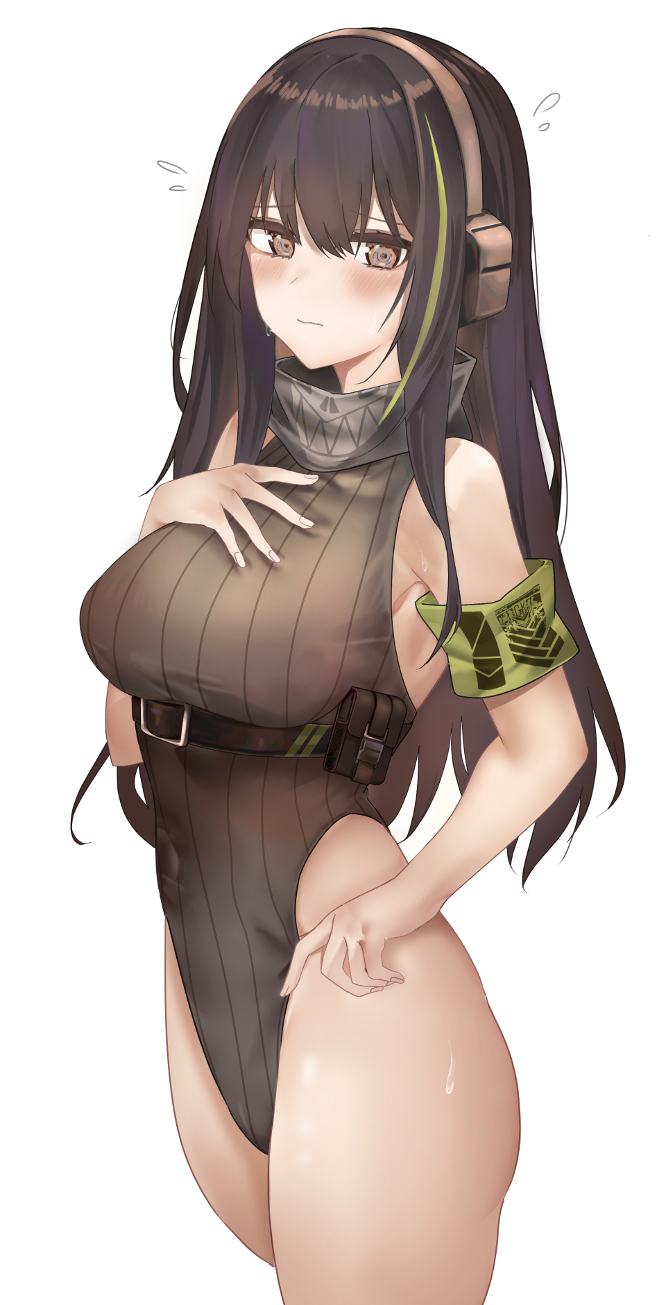 1girl armband bangs blush breasts brown_eyes brown_hair closed_mouth covered_navel cowboy_shot flying_sweatdrops girls_frontline green_hair headphones highres large_breasts leotard long_hair m4a1_(girls_frontline) multicolored_hair ru_zhai simple_background solo streaked_hair white_background