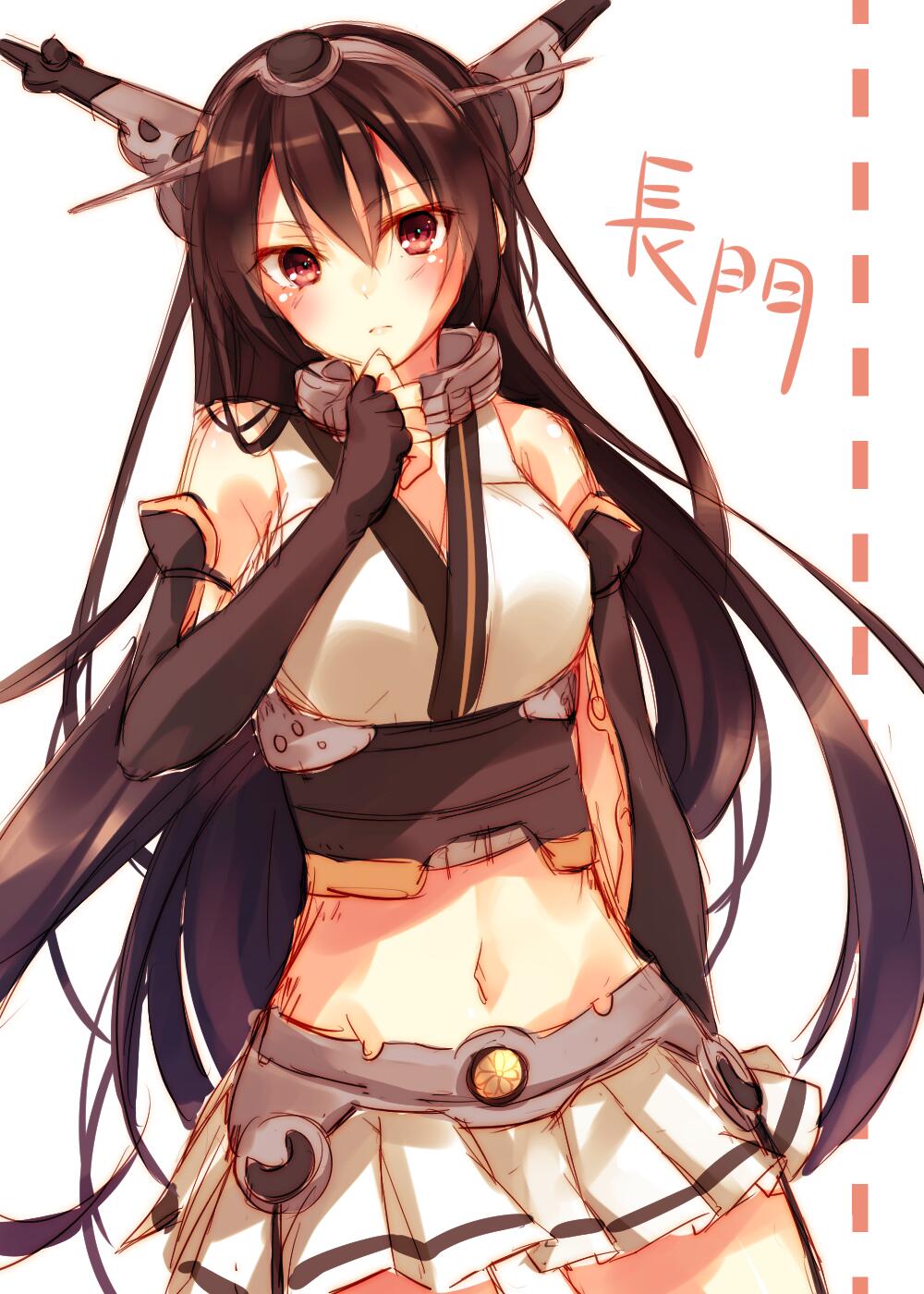 1girl bare_shoulders black_hair blush breasts elbow_gloves fingerless_gloves gloves hair_ornament hairband headgear highres kantai_collection large_breasts long_hair midriff nagato_(kantai_collection) navel open_mouth red_eyes skirt solo thigh-highs toosaka_asagi