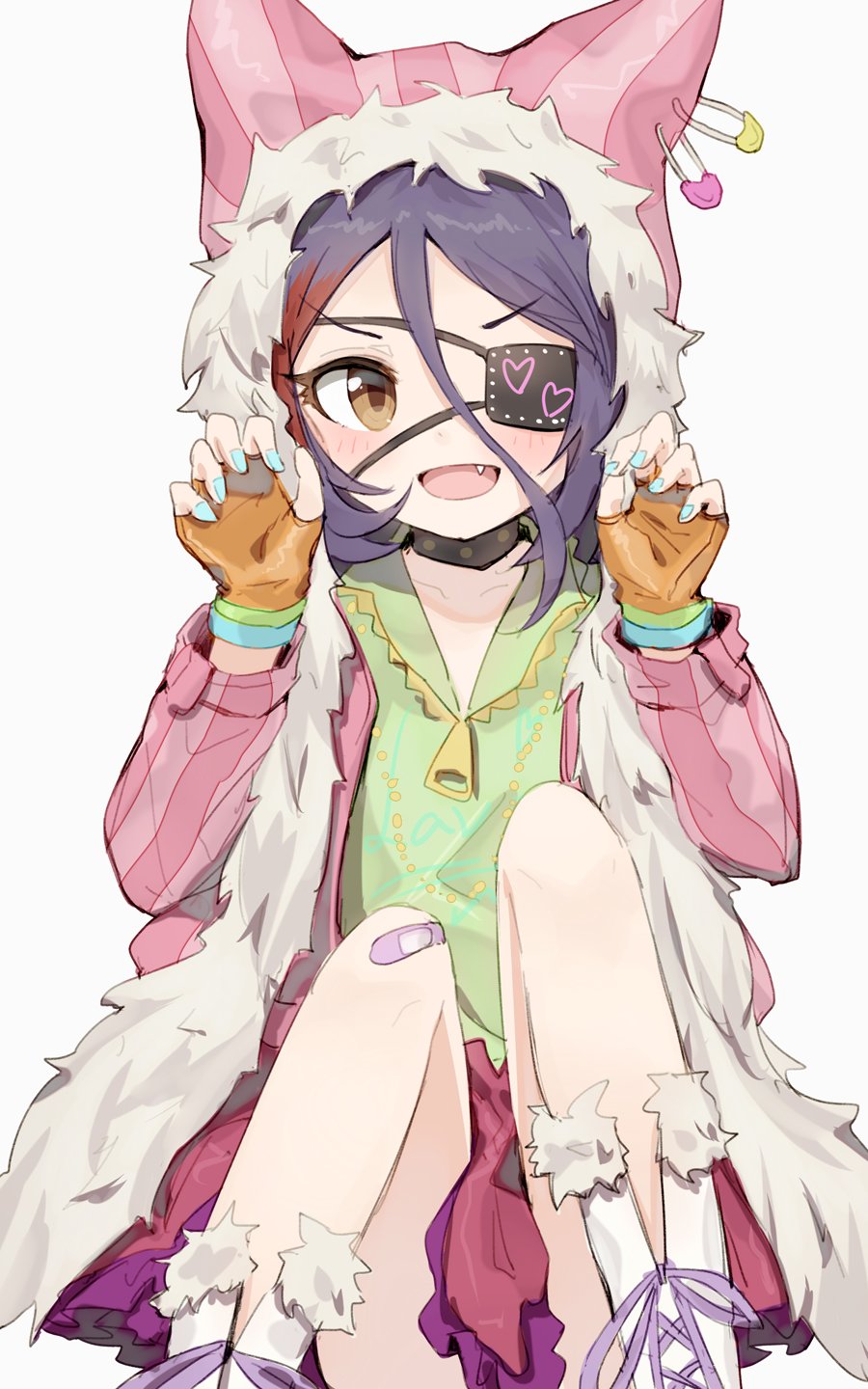 1girl :d animal_hood bandaid bandaid_on_knee black_choker blue_nails boots brown_eyes choker claw_pose cross-laced_footwear eyebrows_visible_through_hair eyepatch fang fingerless_gloves fur-trimmed_hood fur-trimmed_jacket fur_trim gloves green_shirt hayasaka_mirei heart highres hood idolmaster idolmaster_cinderella_girls jacket lace-up_boots long_sleeves looking_at_viewer multicolored_hair open_clothes open_jacket open_mouth orange_gloves pink_jacket purple_hair redhead shirt shone simple_background sitting skirt smile solo streaked_hair two-tone_hair v-shaped_eyebrows white_background