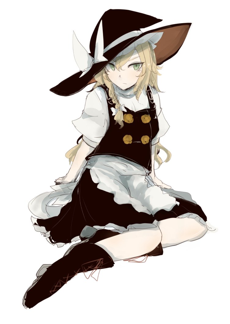 1girl ankle_boots apron arm_support black_footwear black_headwear black_vest blonde_hair boots bow braid closed_mouth cross-laced_footwear double-breasted full_body green_eyes hair_bow hat hat_bow kirisame_marisa long_hair looking_at_viewer ne_kuro shirt side_braid simple_background sitting solo touhou vest waist_apron white_apron white_background white_bow white_shirt witch_hat yokozuwari