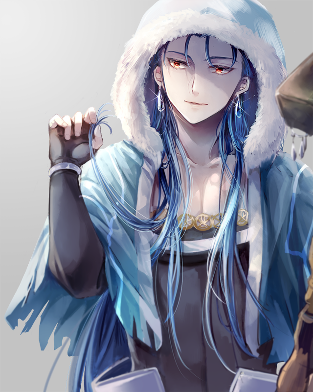 1boy blue_hair bracelet capelet cu_chulainn_(fate)_(all) cu_chulainn_(fate/grand_order) earrings fate/grand_order fate_(series) fur-trimmed_hood fur_trim grey_background hair_strand hood hood_up hooded_capelet jewelry long_hair looking_to_the_side male_focus red_eyes shichimi_(ftlvampire32) shiny simple_background smile solo type-moon