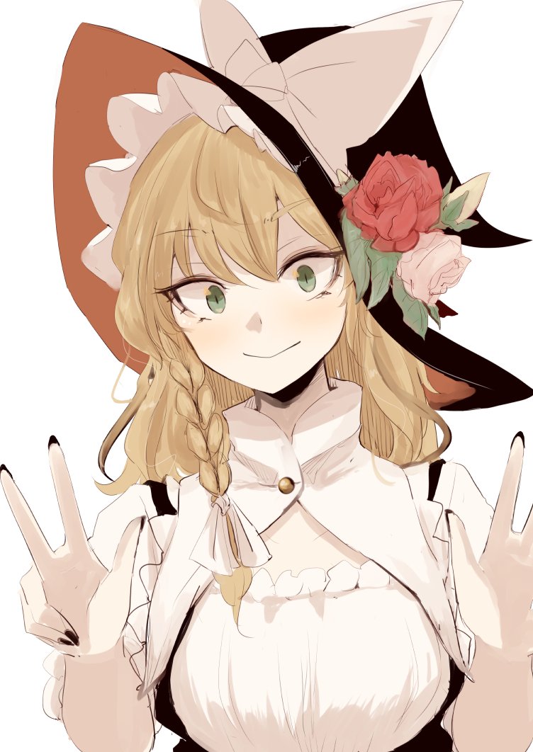 1girl alternate_costume black_headwear black_nails blonde_hair bow closed_mouth fingernails flower green_eyes hands_up hat hat_bow hat_flower kirisame_marisa looking_at_viewer nail_polish ne_kuro red_flower red_rose rose simple_background slit_pupils smile solo touhou upper_body w white_background white_bow white_flower white_rose witch_hat