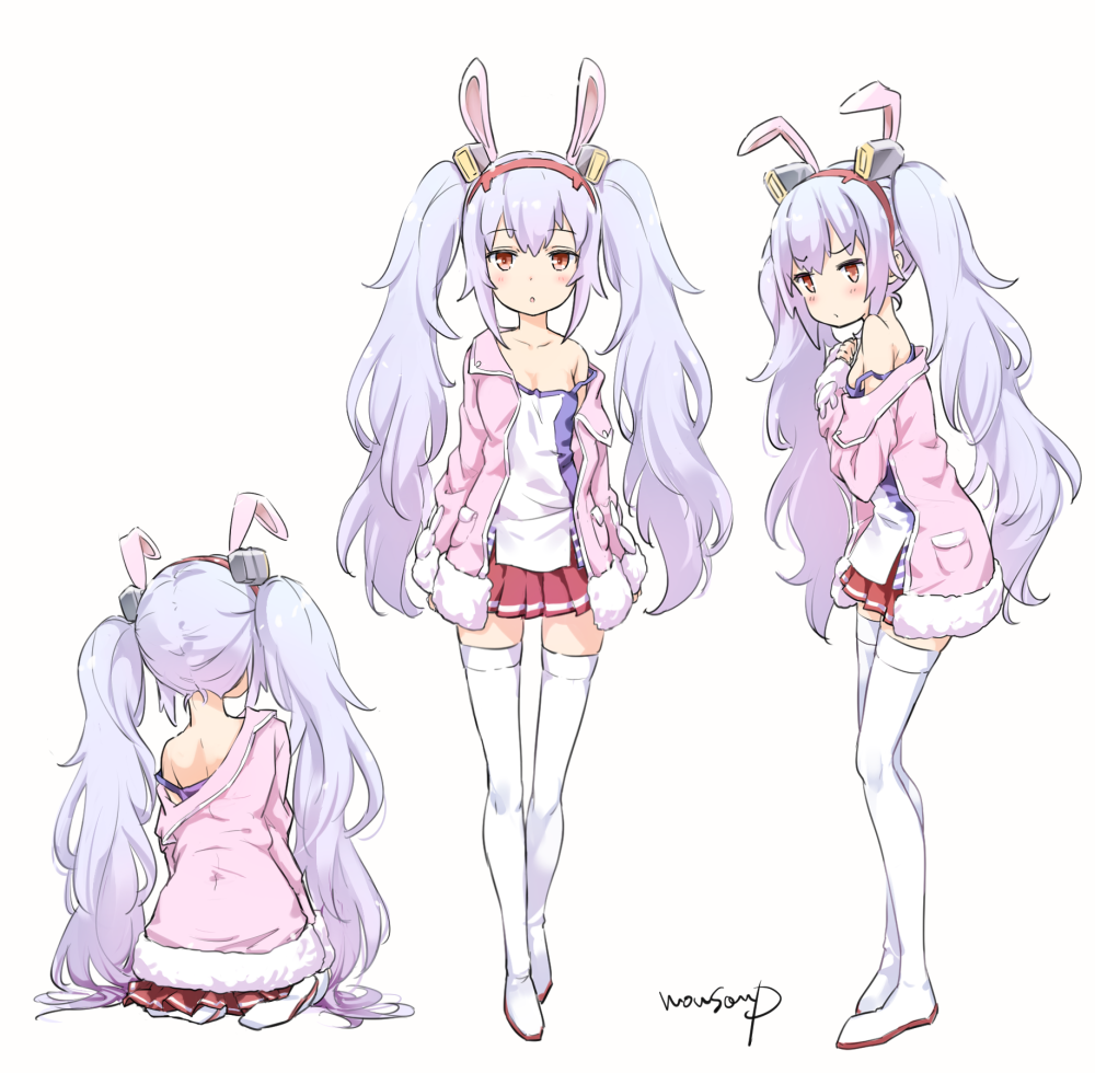 1girl :o animal_ears azur_lane bangs blush boots breasts camisole collarbone eyebrows_visible_through_hair facing_away fake_animal_ears full_body fur-trimmed_jacket fur-trimmed_sleeves fur_trim hair_between_eyes hair_ornament hairband jacket laffey_(azur_lane) long_hair long_sleeves looking_at_viewer moupii_(hitsuji_no_ki) multiple_views off_shoulder open_clothes open_jacket parted_lips pink_jacket pleated_skirt rabbit_ears red_eyes red_hairband red_skirt signature silver_hair simple_background sitting skirt sleeves_past_wrists small_breasts standing strap_slip thigh-highs thigh_boots twintails very_long_hair white_background white_camisole white_footwear white_legwear zettai_ryouiki