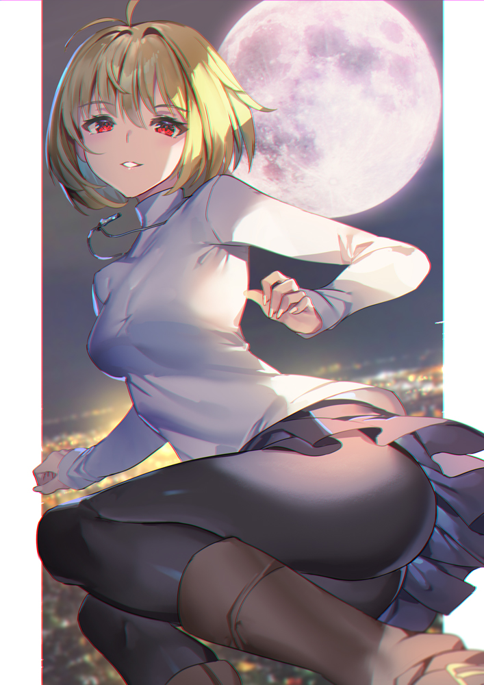 1girl antenna_hair arcueid_brunestud ass bangs black_legwear blonde_hair boots breasts brown_footwear commentary_request full_moon jewelry medium_breasts moon necklace parted_lips pleated_skirt red_eyes short_hair skirt smile solo taut_clothes thighs tsukihime turtleneck yoshimoto_(dear_life)